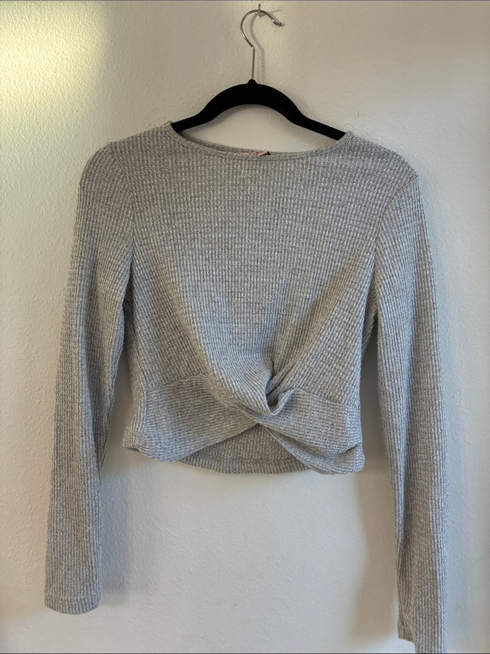 Ciso Light Gray Ribbed Twist-Front Long Sleeve Top